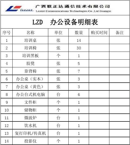 辦公設備明細表